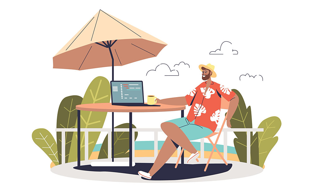 Animated graphic of someone on their laptop on a vacation.