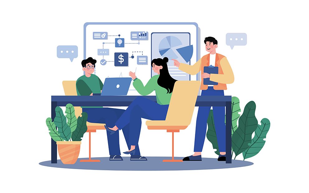 Graphic of three employees working in a meeting.